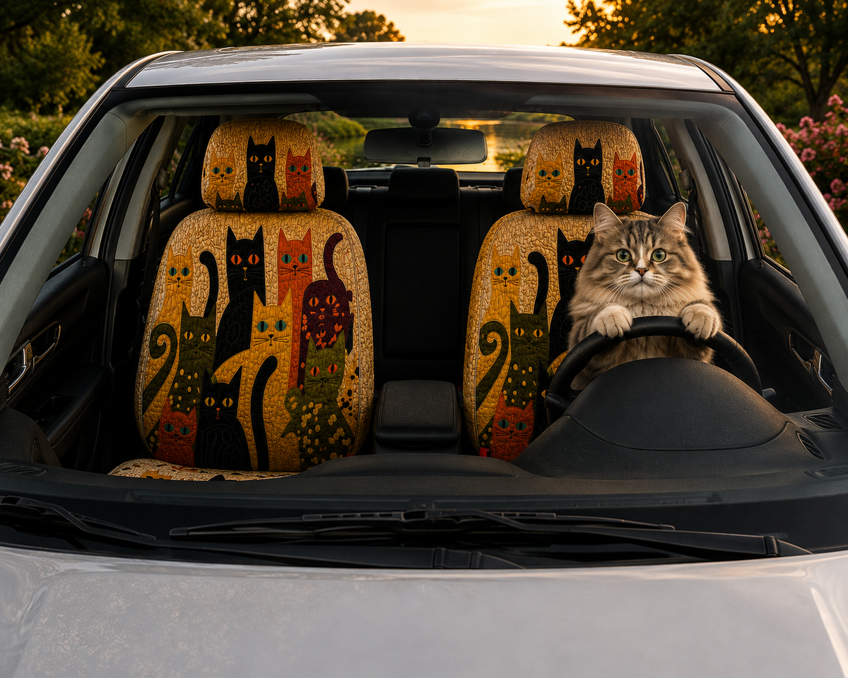 Whimsical Cat Family Car Seat Covers - Colorful Gift for Cat Moms, Cat Lovers & Pet Owners