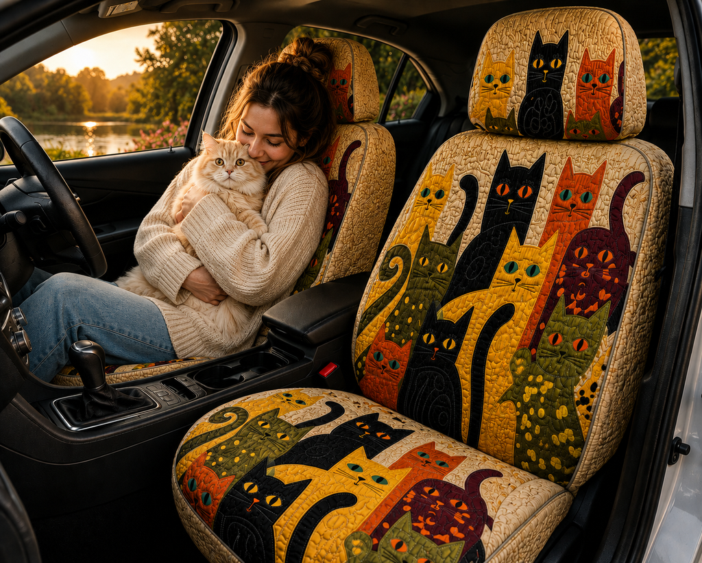 Whimsical Cat Family Car Seat Covers - Colorful Gift for Cat Moms, Cat Lovers & Pet Owners