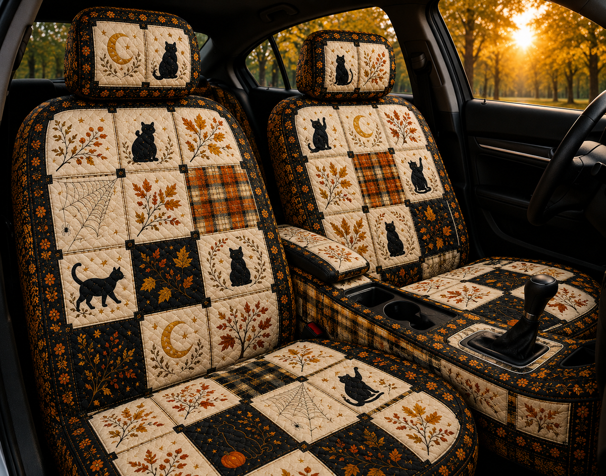 Autumn Black Cat Patchwork Car Seat Covers - Colorful Gift for Cat Moms