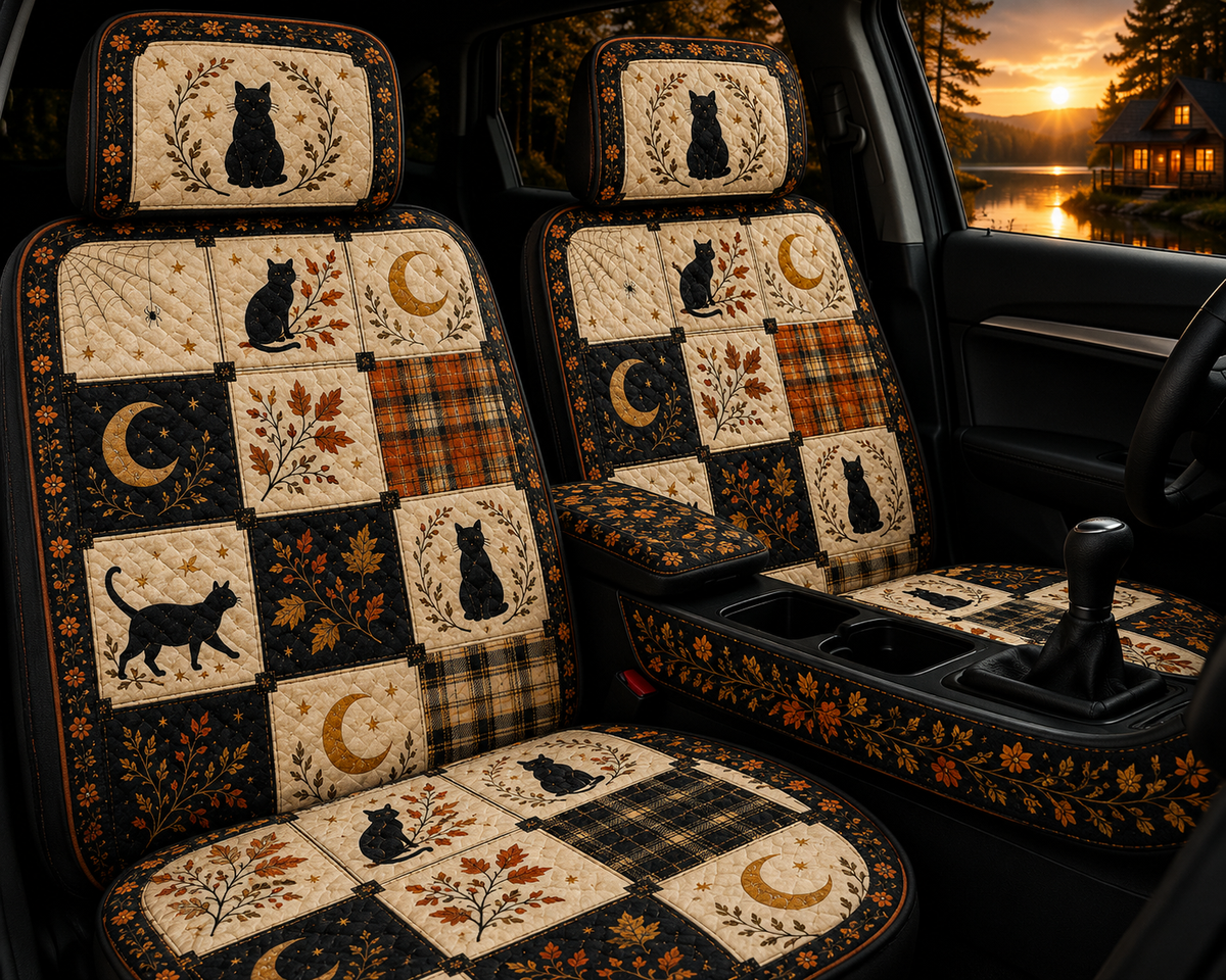 Autumn Black Cat Patchwork Car Seat Covers - Colorful Gift for Cat Moms