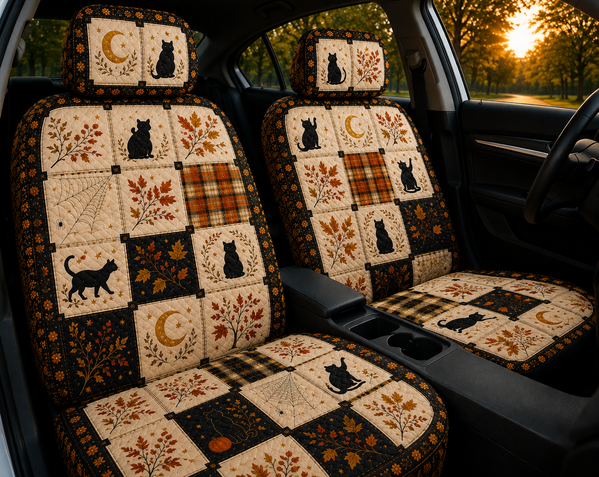 Autumn Black Cat Patchwork Car Seat Covers - Colorful Gift for Cat Moms