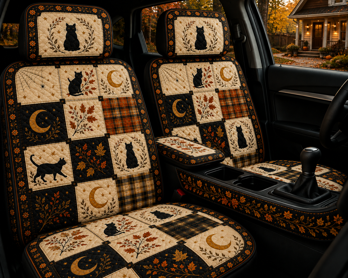 Autumn Black Cat Patchwork Car Seat Covers - Colorful Gift for Cat Moms