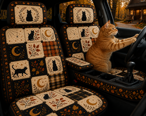 Autumn Black Cat Patchwork Car Seat Covers - Colorful Gift for Cat Moms