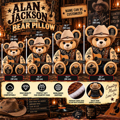 Alan Jackson Custom Shaped Bear Pillow – Unique Gift for Classic Music Lovers