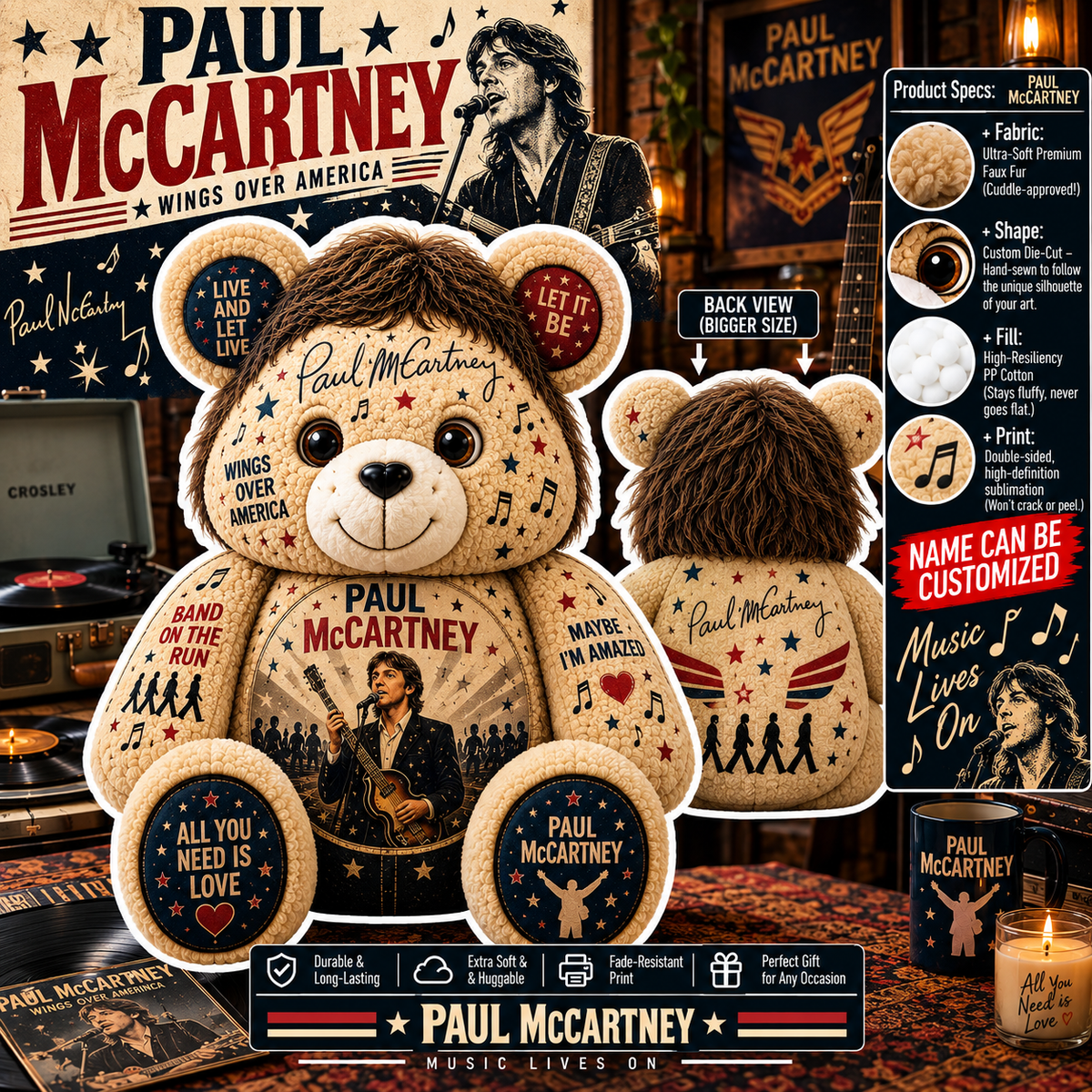 Paul McCartney Custom Shaped Bear Pillow – Unique Gift for Classic Music Lovers