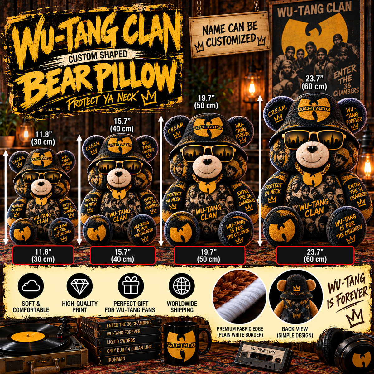 Wu-Tang Clan Custom Shaped Bear Pillow – Unique Gift for Wu-Tang Clan Fans & 90s Hip-Hop Lovers