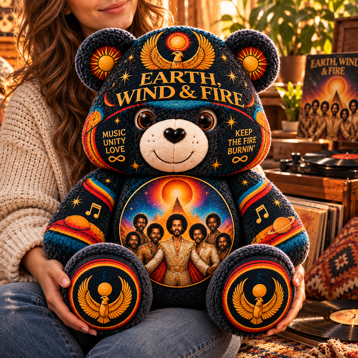 Earth, Wind & Fire Custom Shaped Bear Pillow – Unique Gift for Classic Music Lovers