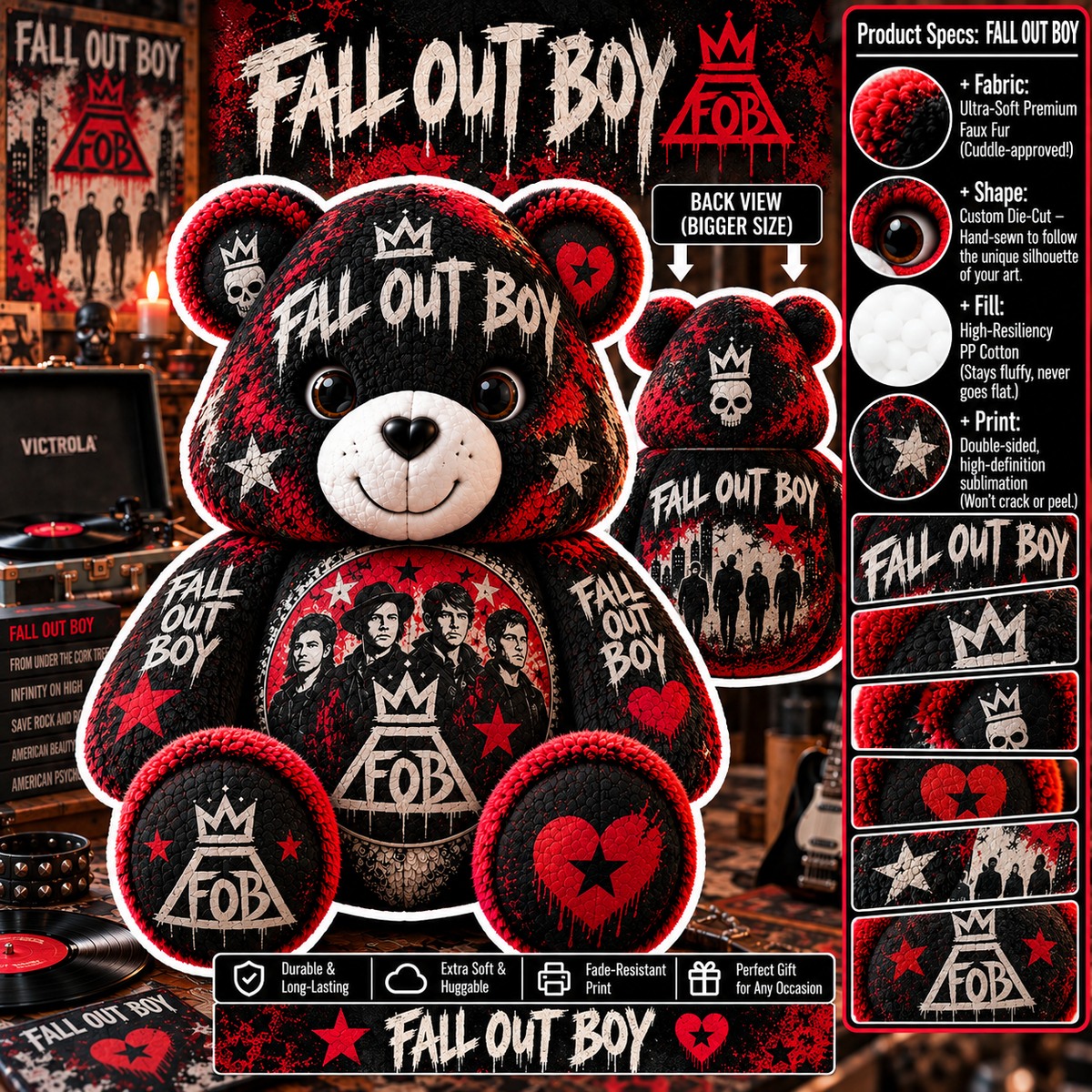 Fall Out Boy Custom Shaped Bear Pillow – Unique Gift for Classic Music Lovers