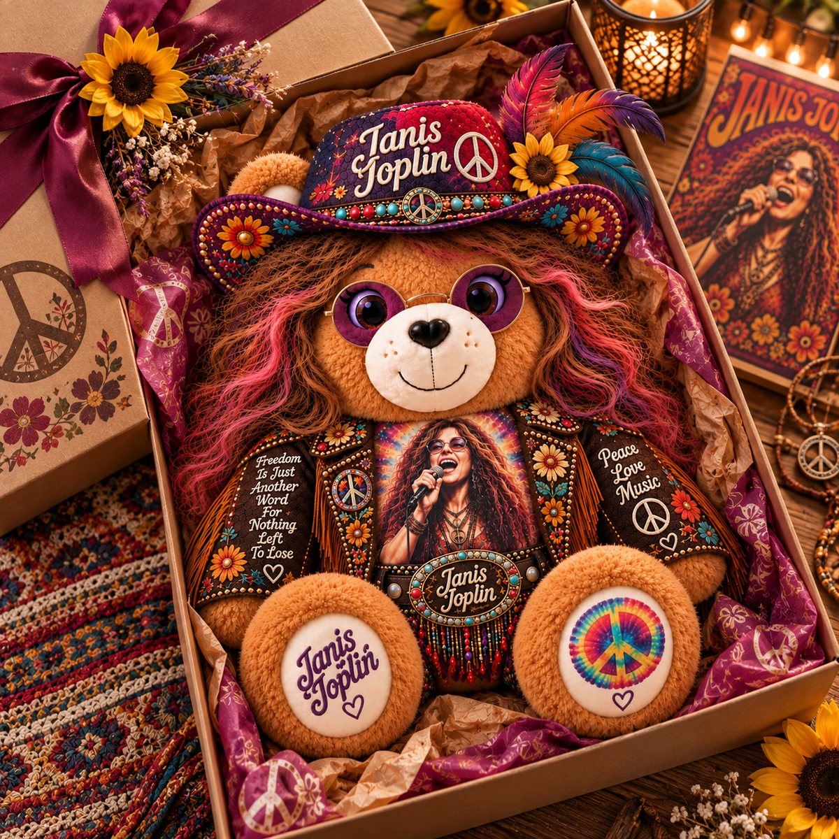 Janis Joplin Custom Shaped Bear Pillow – Unique Gift for Classic Music Lovers