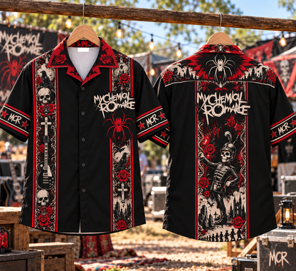 My Chemical Romance Hawaiian Shirt – Gothic Emo Rock Inspired Gift Featuring The Black Parade, Red Roses, Skulls & Iconic MCR Symbols.