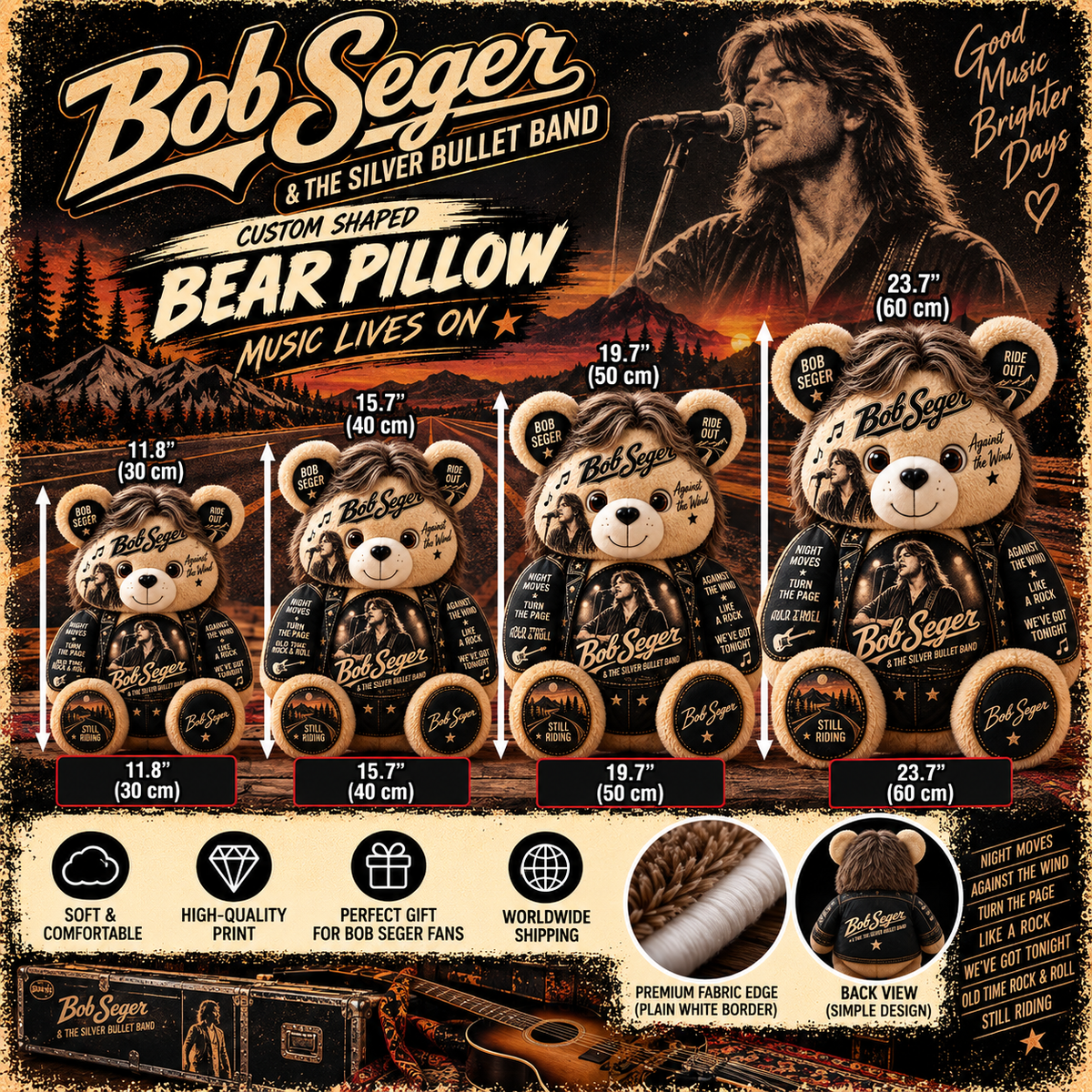 Bob Seger Custom Shaped Bear Pillow – Unique Gift for Bob Seger Fans & Classic Rock Lovers