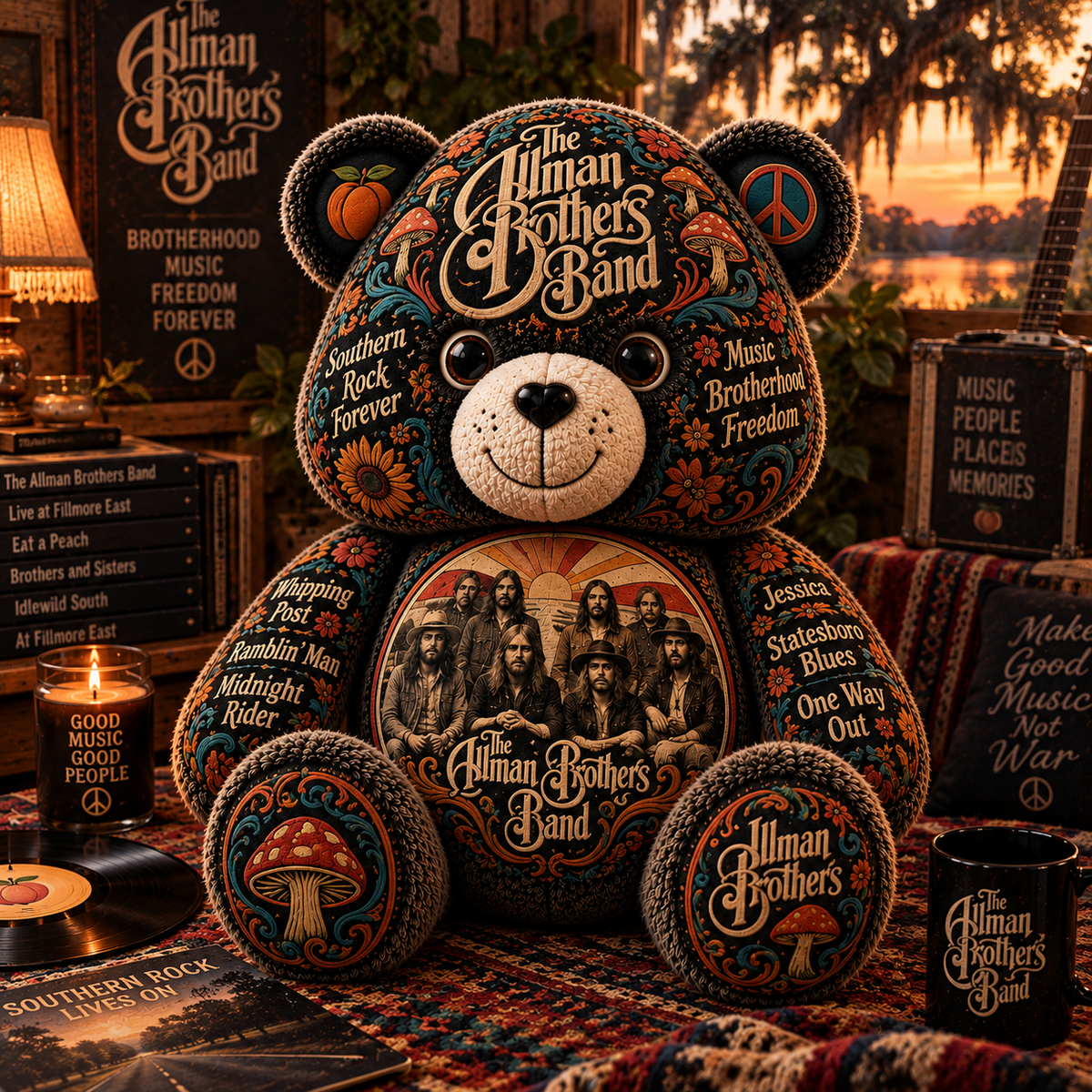 The Allman Brothers Band Southern Rock Bear Custom Shaped Pillow – Music Fan Gift, Classic Rock Collectible