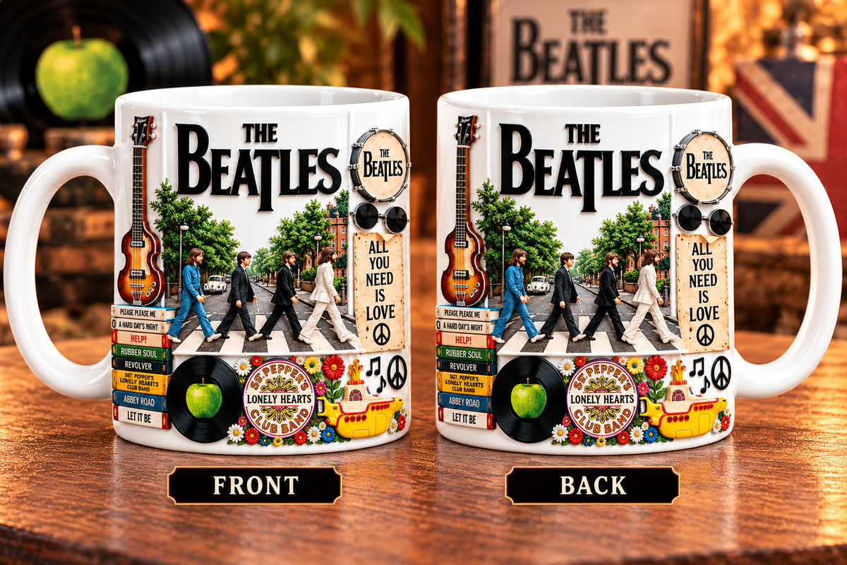 The Beatles Edge-to-Edge White Mug – Classic Rock Inspired Gift Featuring Abbey Road