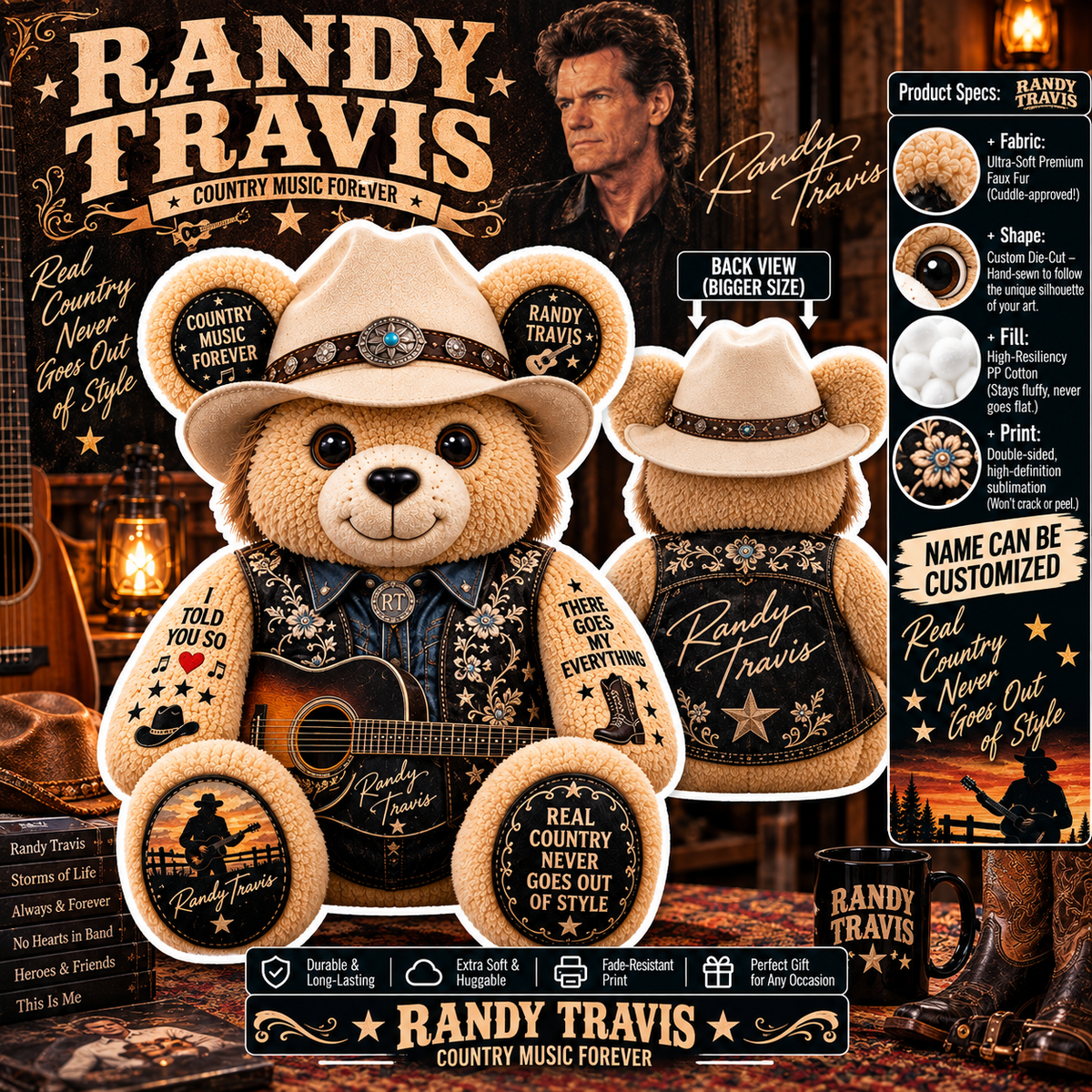 Randy Travis Custom Shaped Bear Pillow – Unique Gift for Classic Music Lovers