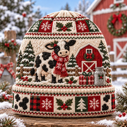 Farmhouse Christmas Cow Beanie Hat