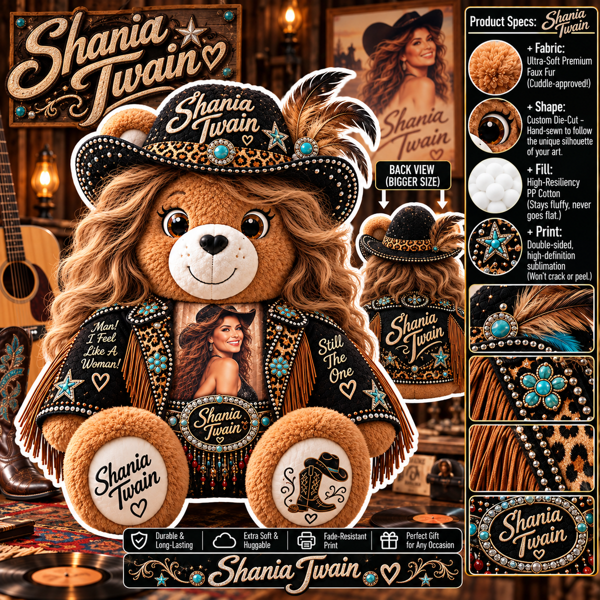 Shania Twain Custom Shaped Bear Pillow – Unique Gift for Classic Music Lovers