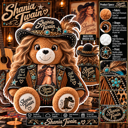 Shania Twain Custom Shaped Bear Pillow – Unique Gift for Classic Music Lovers