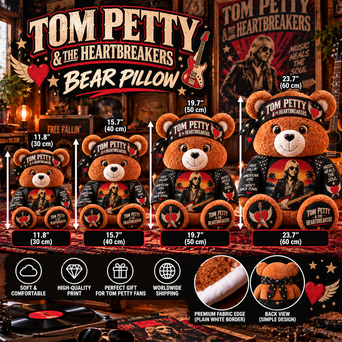 Tom Petty & The Heartbreakers Custom Shaped Bear Pillow – Unique Gift for Classic Music Lovers