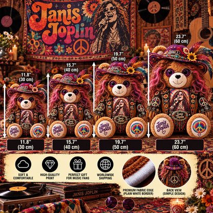 Janis Joplin Custom Shaped Bear Pillow – Unique Gift for Classic Music Lovers