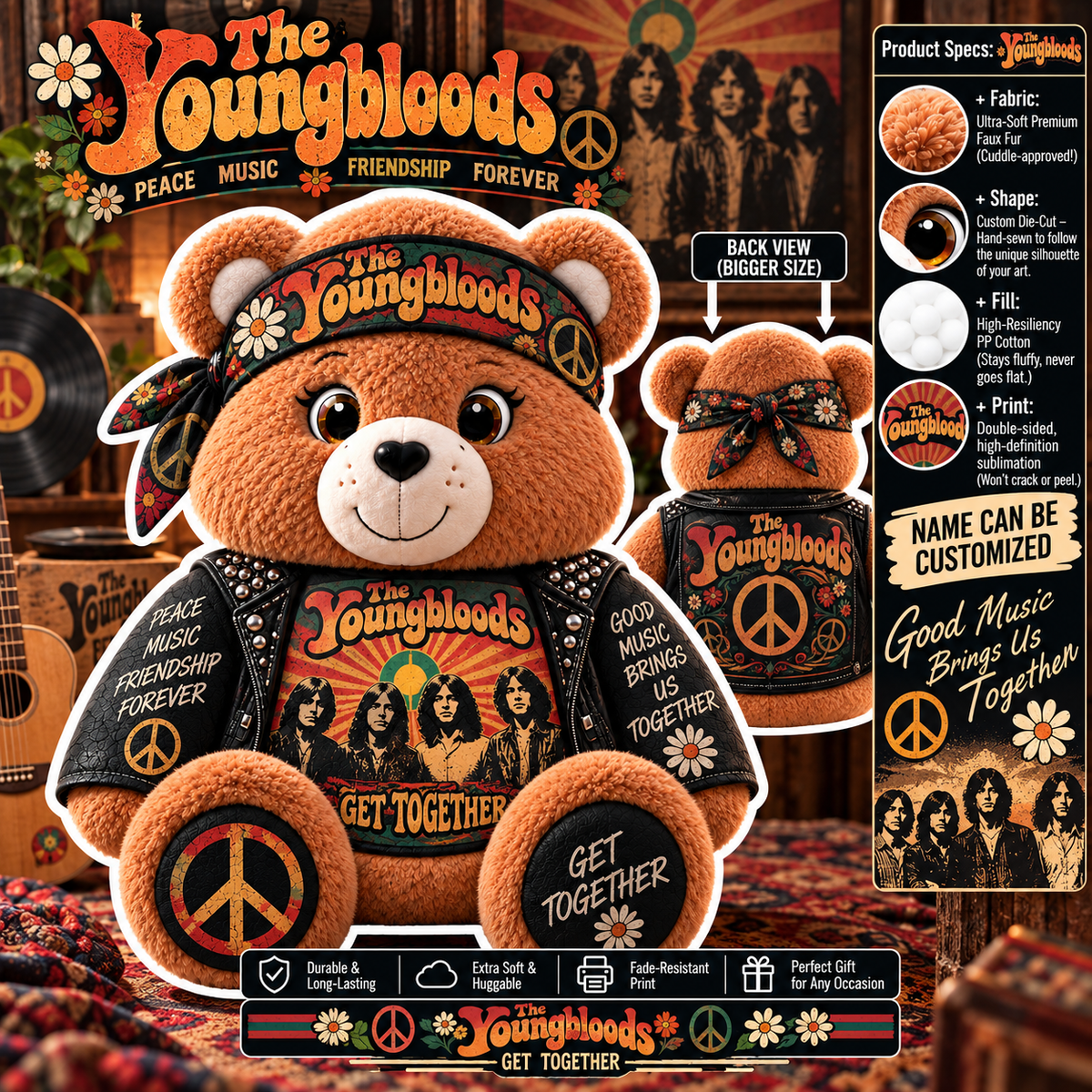 The Youngbloods Custom Shaped Bear Pillow – Unique Gift for Classic Music Lovers