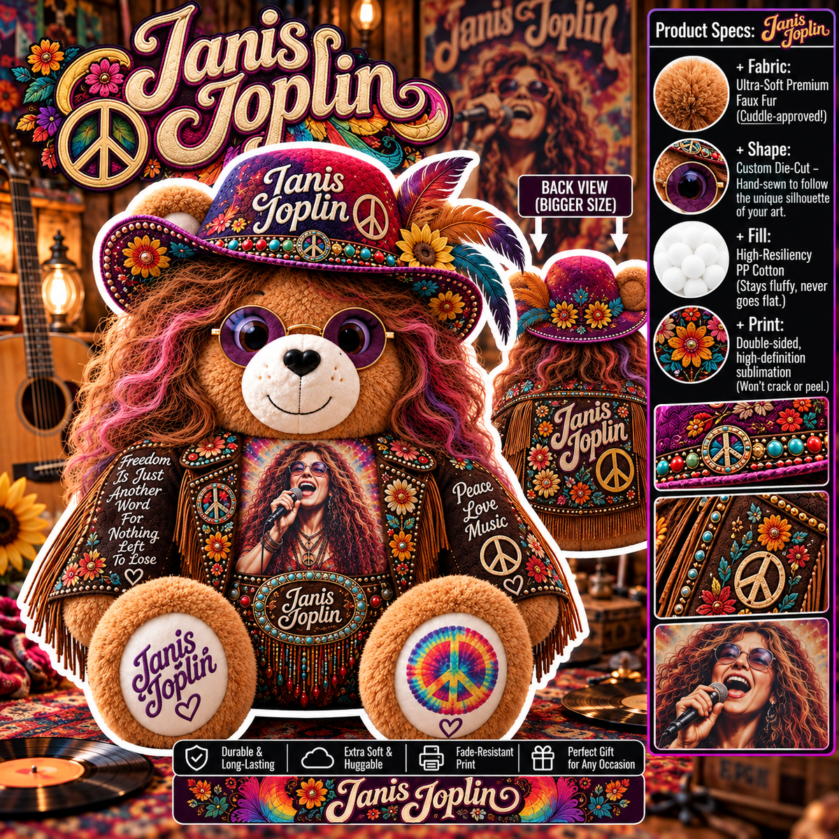 Janis Joplin Custom Shaped Bear Pillow – Unique Gift for Classic Music Lovers