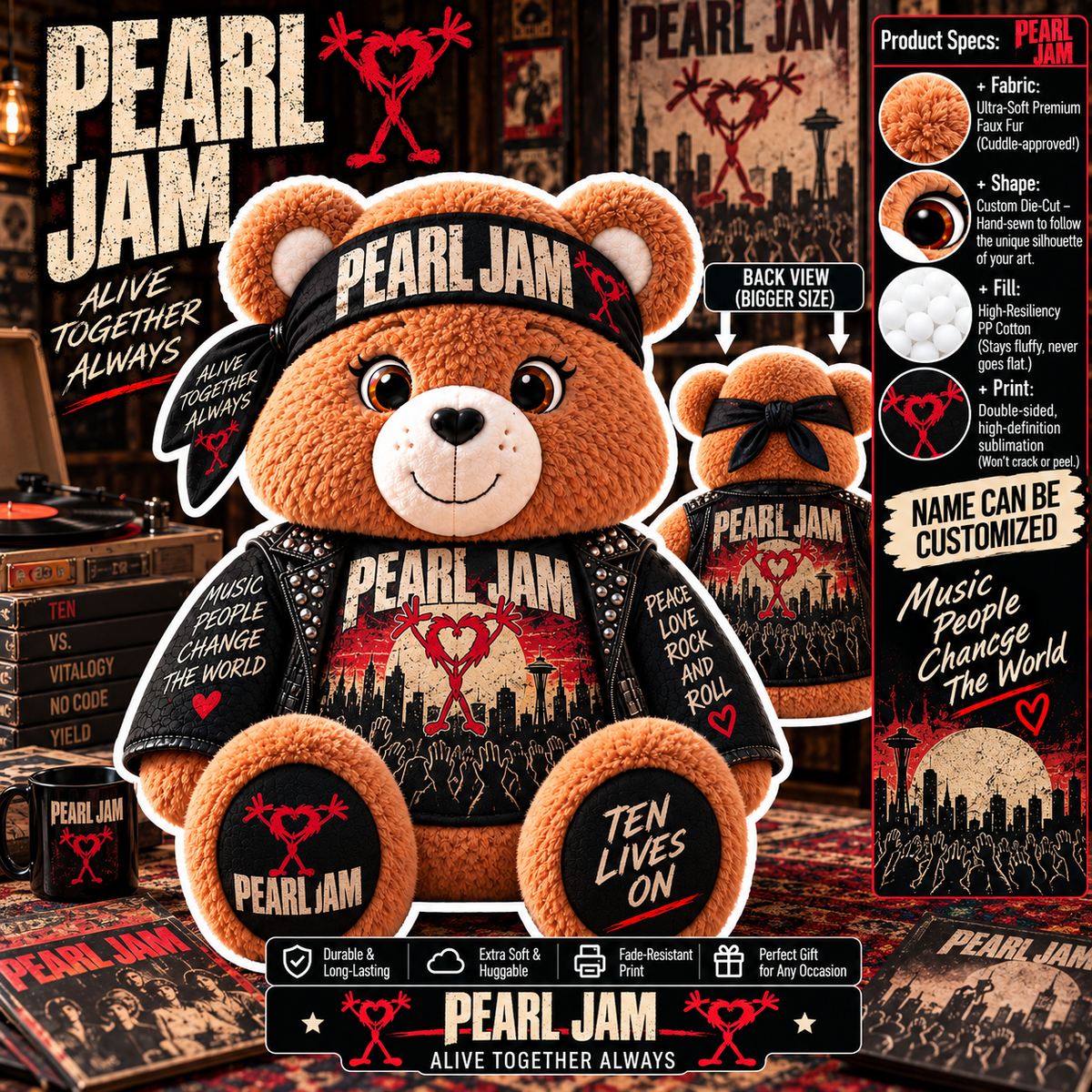 Pearl Jam Custom Shaped Bear Pillow – Unique Gift for Pearl Jam Fans & Classic Grunge Rock Lovers