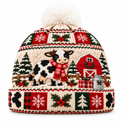 Farmhouse Christmas Cow Beanie Hat