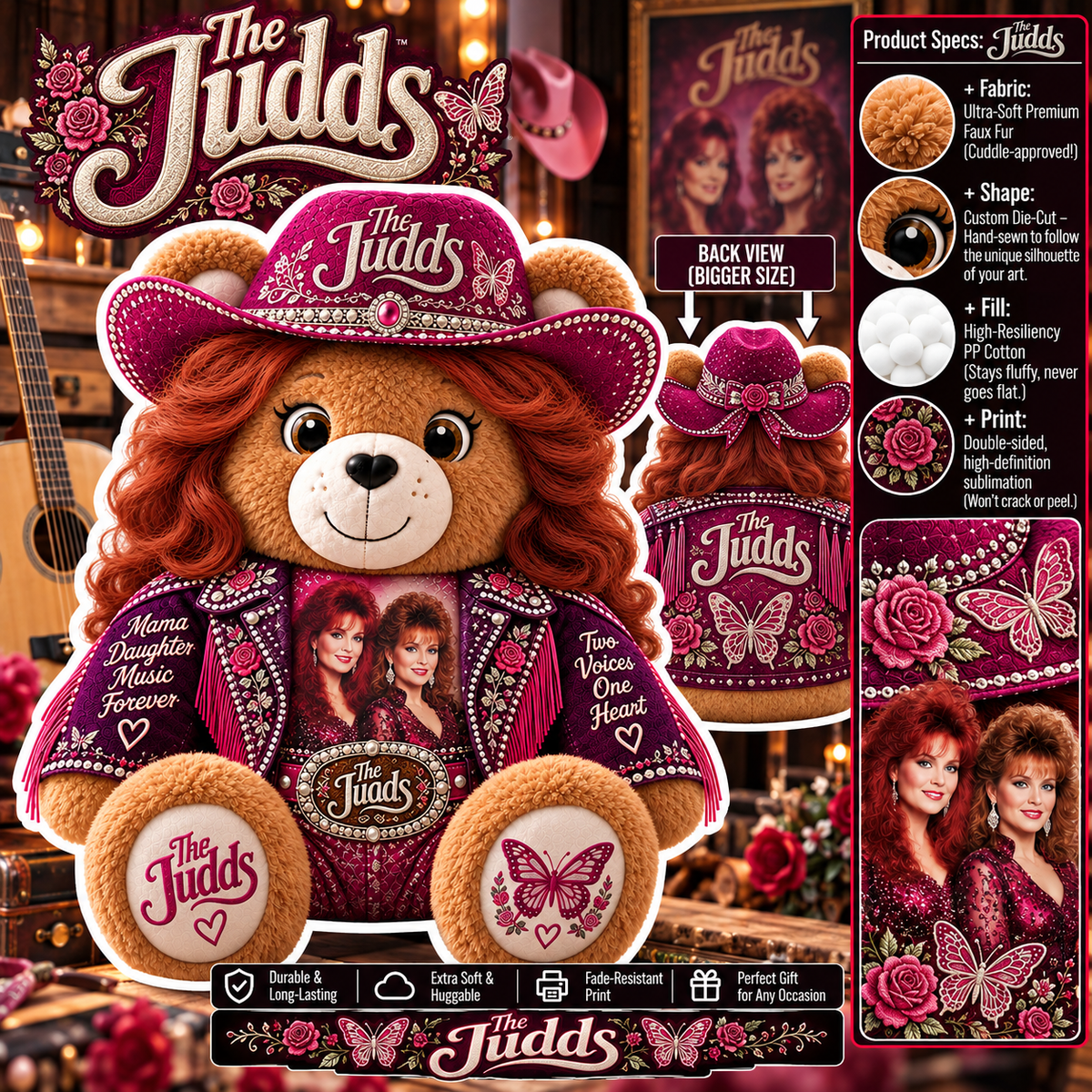 The Judds Custom Shaped Bear Pillow – Unique Gift for Classic Music Lovers