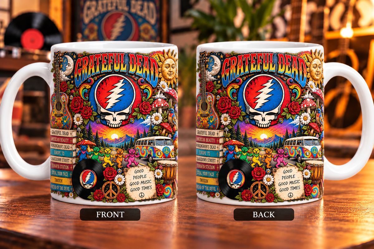 Grateful Dead Edge-to-Edge White Mug – Psychedelic Rock Inspired Gift Featuring Steal Your Face