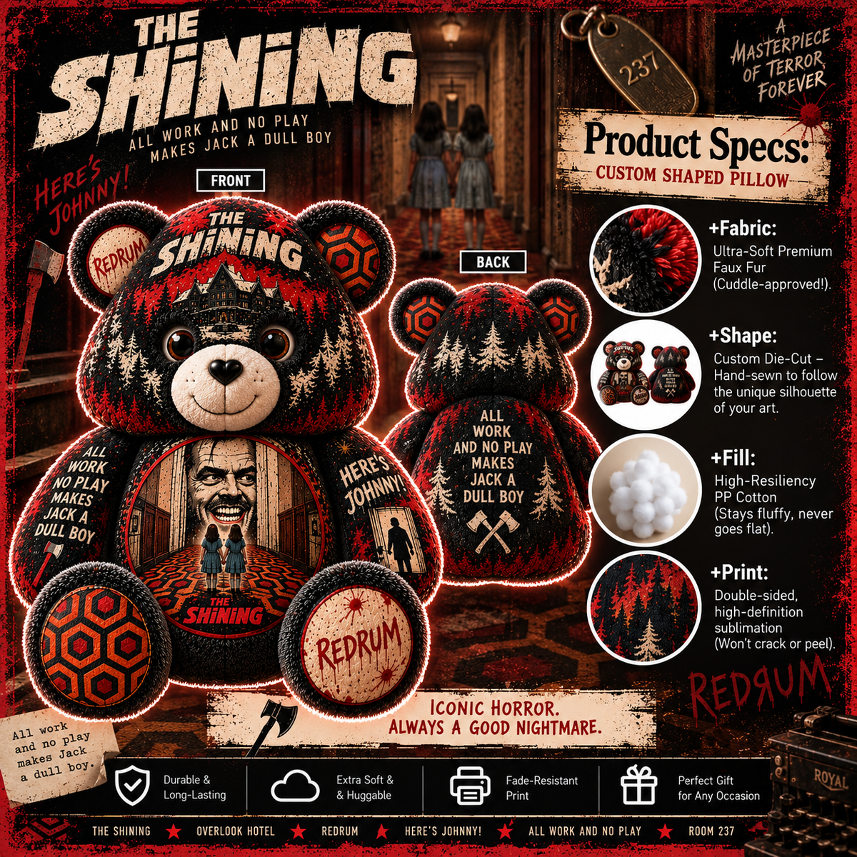 The Shining Bear Custom Shaped Pillow – REDRUM Horror Movie Fan Gift, Overlook Hotel Collectible