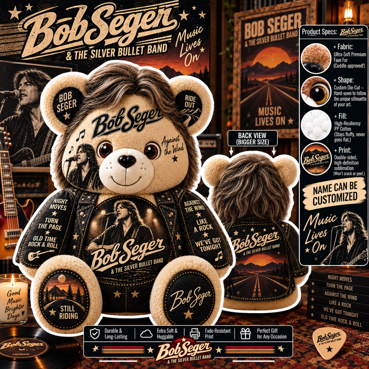 Bob Seger Custom Shaped Bear Pillow – Unique Gift for Bob Seger Fans & Classic Rock Lovers