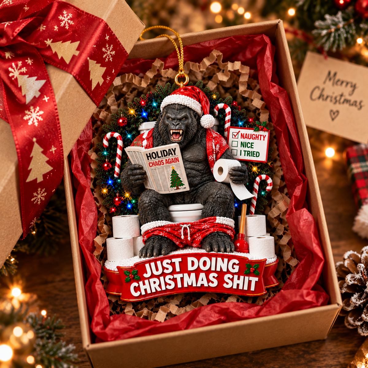 Christmas Chaos Gorilla Funny Ornament