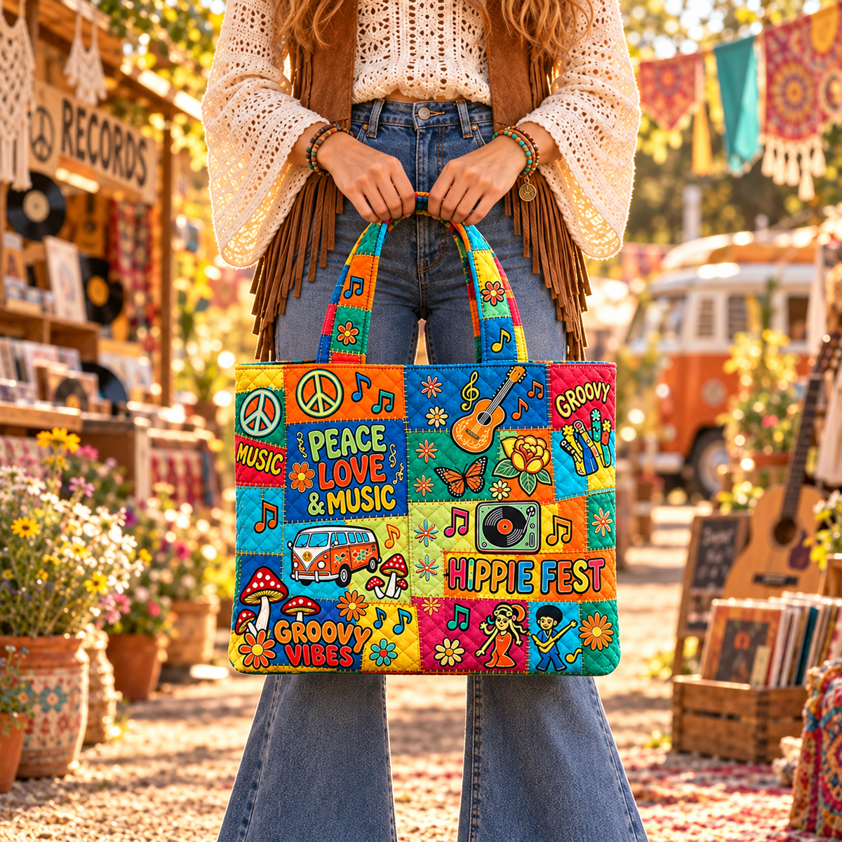 Peace, Love & Music Quilted Tote Bag
