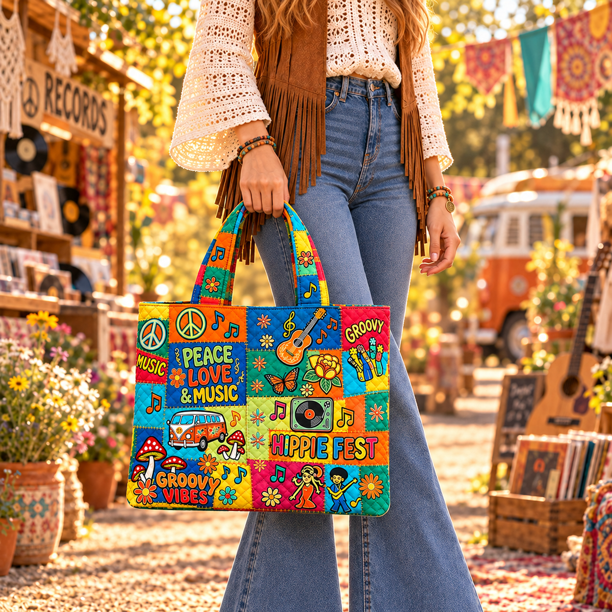 Peace, Love & Music Quilted Tote Bag