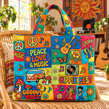 Peace, Love & Music Quilted Tote Bag