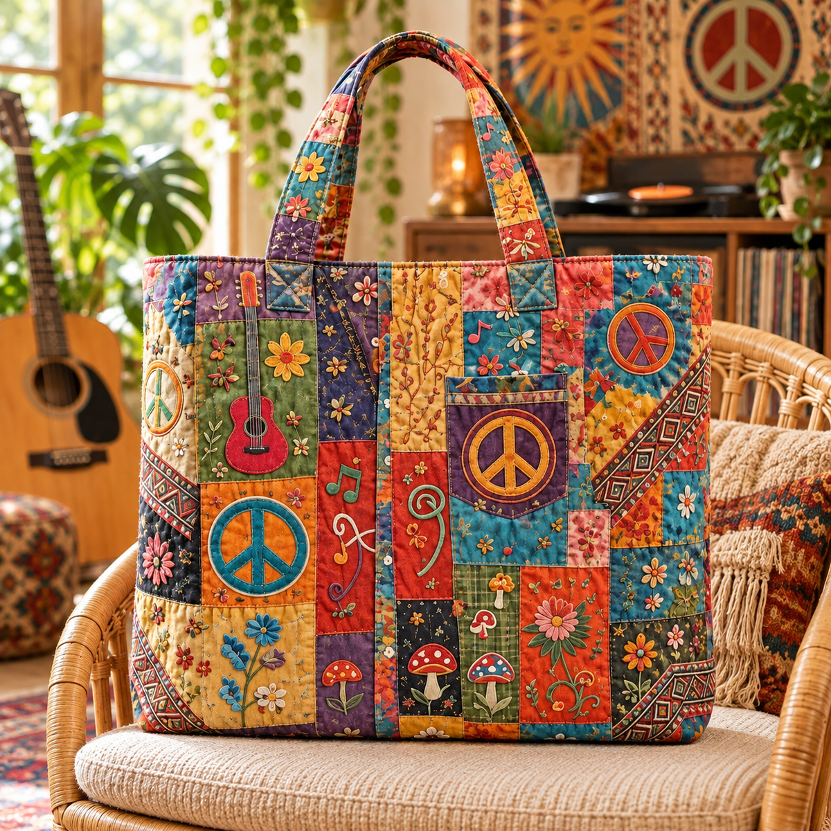 Boho Peace & Music Quilted Tote Bag