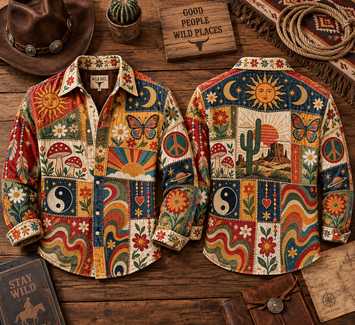 Hippie Patchwork Shirt – Colorful Boho Flower Power Shirt