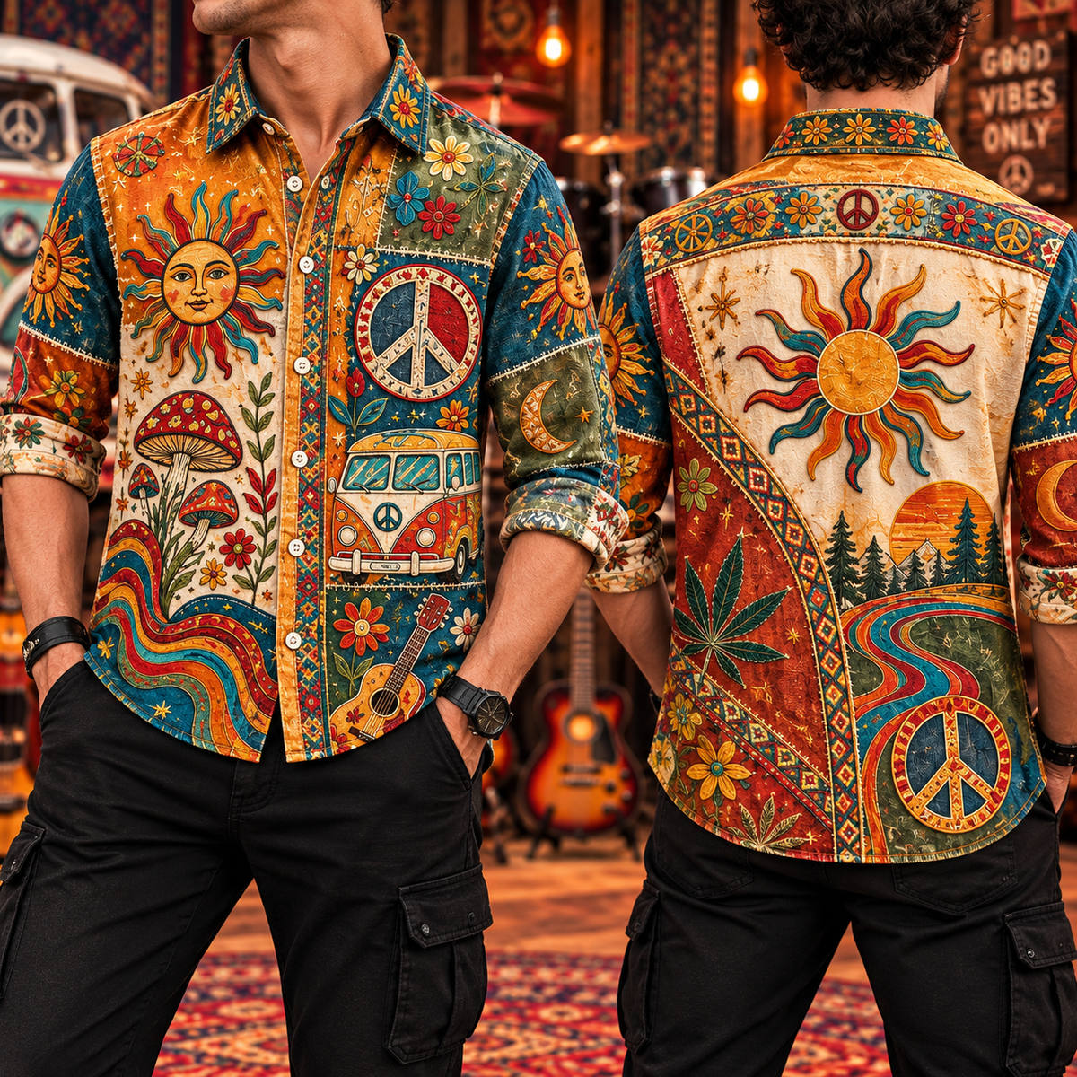 Hippie Patchwork Shirt – Colorful Boho Flower Power Shirt Version 2