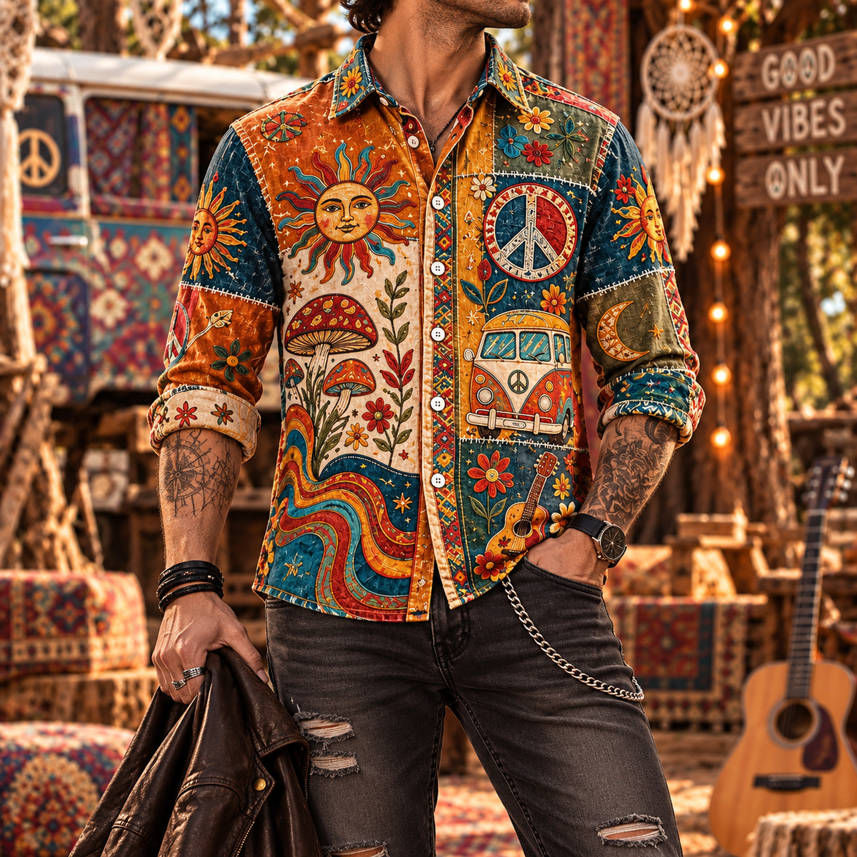 Hippie Patchwork Shirt – Colorful Boho Flower Power Shirt Version 2