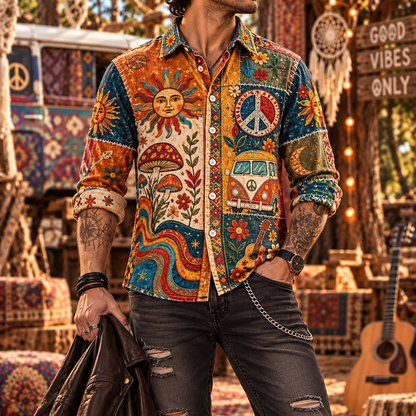 Hippie Patchwork Shirt – Colorful Boho Flower Power Shirt Version 2