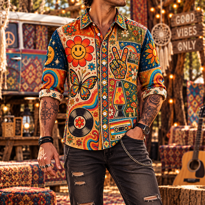 Hippie Patchwork Shirt – Colorful Boho Flower Power Shirt Version 3