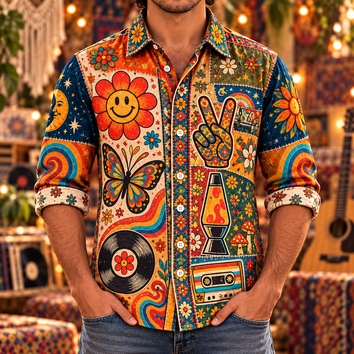 Hippie Patchwork Shirt – Colorful Boho Flower Power Shirt Version 3