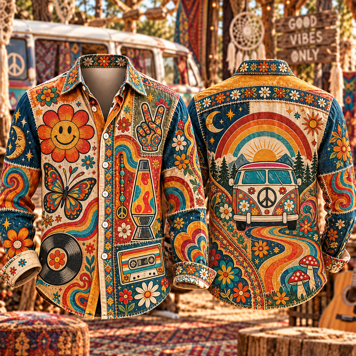 Hippie Patchwork Shirt – Colorful Boho Flower Power Shirt Version 3