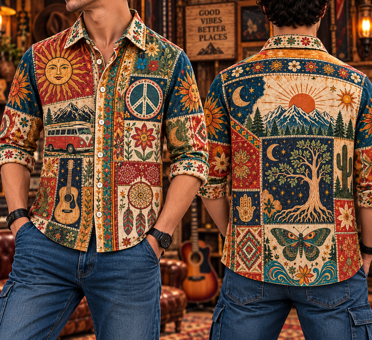 Hippie Patchwork Shirt – Colorful Boho Flower Power Shirt Version 4