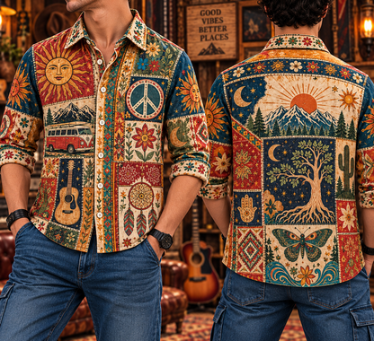 Hippie Patchwork Shirt – Colorful Boho Flower Power Shirt Version 4