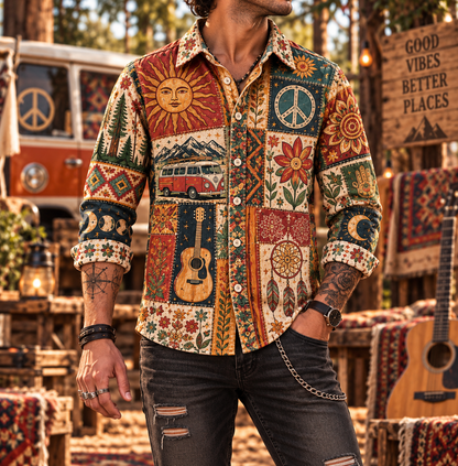 Hippie Patchwork Shirt – Colorful Boho Flower Power Shirt Version 4