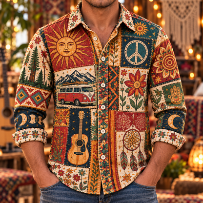 Hippie Patchwork Shirt – Colorful Boho Flower Power Shirt Version 4