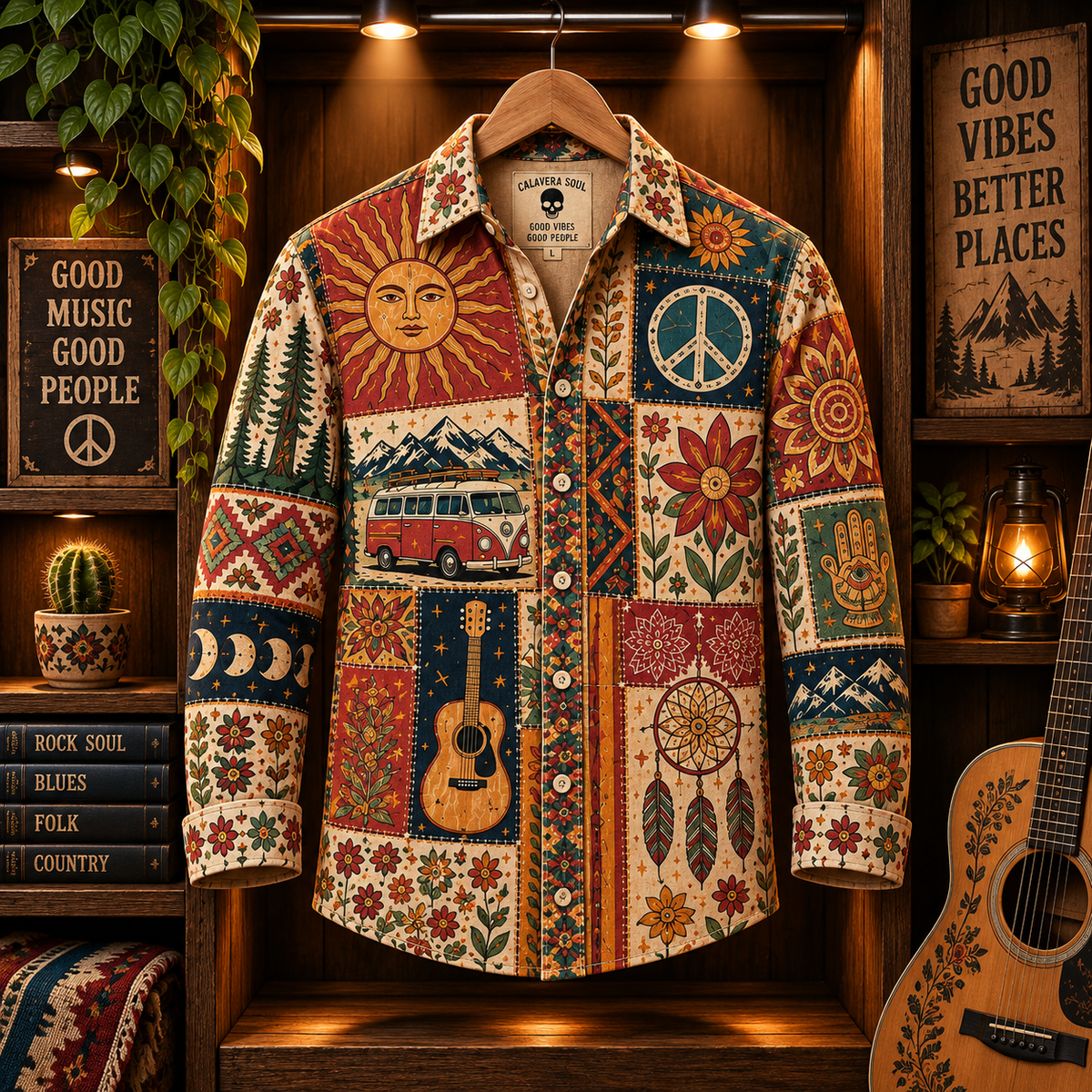 Hippie Patchwork Shirt – Colorful Boho Flower Power Shirt Version 4