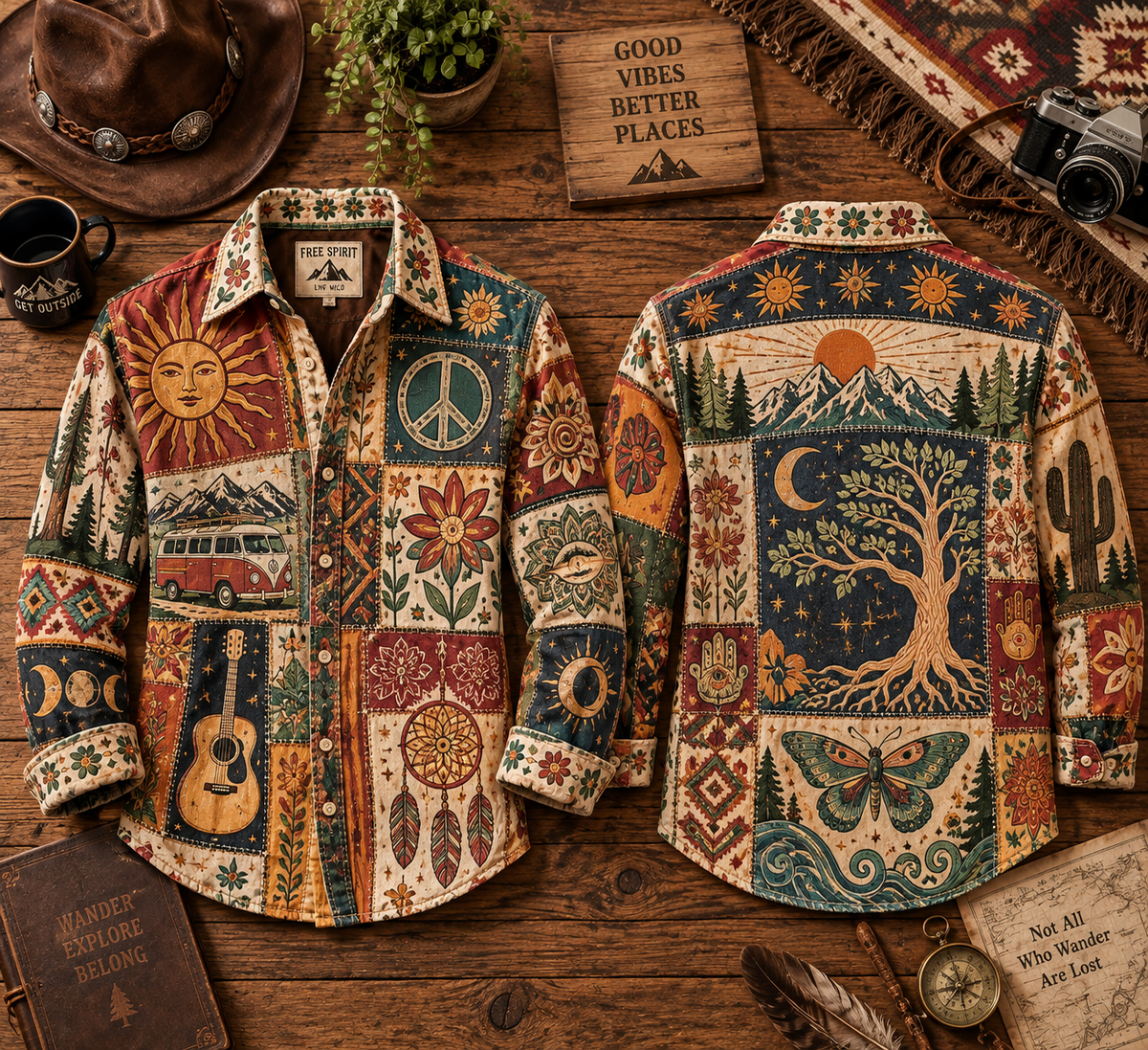 Hippie Patchwork Shirt – Colorful Boho Flower Power Shirt Version 4