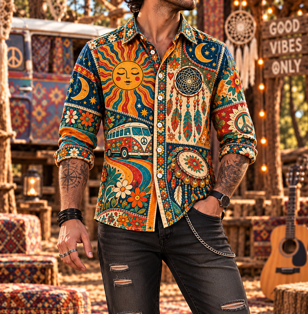 Hippie Patchwork Shirt – Colorful Boho Flower Power Shirt Version 5